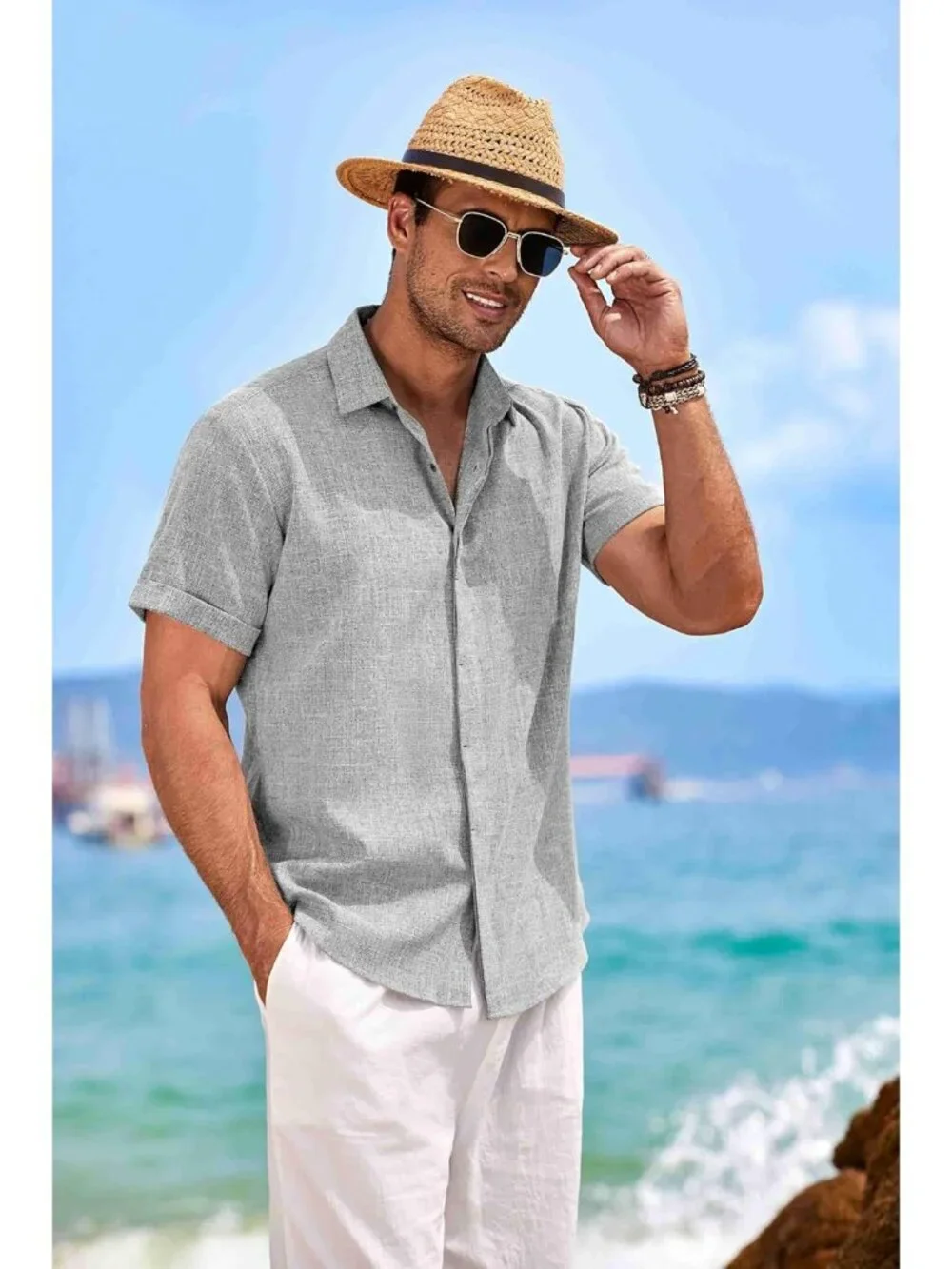 Men's Light Grey Beach Linen Short Sleeve Casual Shirts Button Down